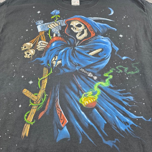 Liquid Blue Reaper Brian Fox 2002 Vintage Shirt XL‎ Black Grim Reaper Skulls COA